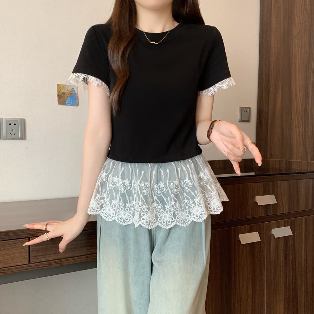 실사 여름 드레스 빅 사이즈 연령 감소 레이스 레이스 밑단 디자인 센스 티셔츠 다용도 슬림해 보이는 맨위 m4xl200 근 상세 이미지 28