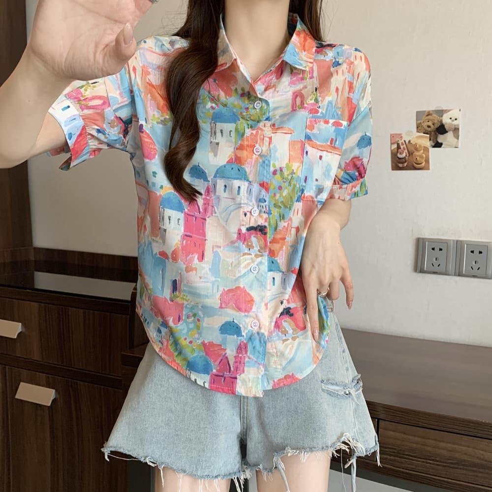 실사 여름 드레스 빅 사이즈 한국 스타일 재미있는 프린트 셔츠 루즈핏 캐주얼 폴로 칼라 어린애 같은 맨위 트렌디 m-4xl200 근 상세 이미지 7