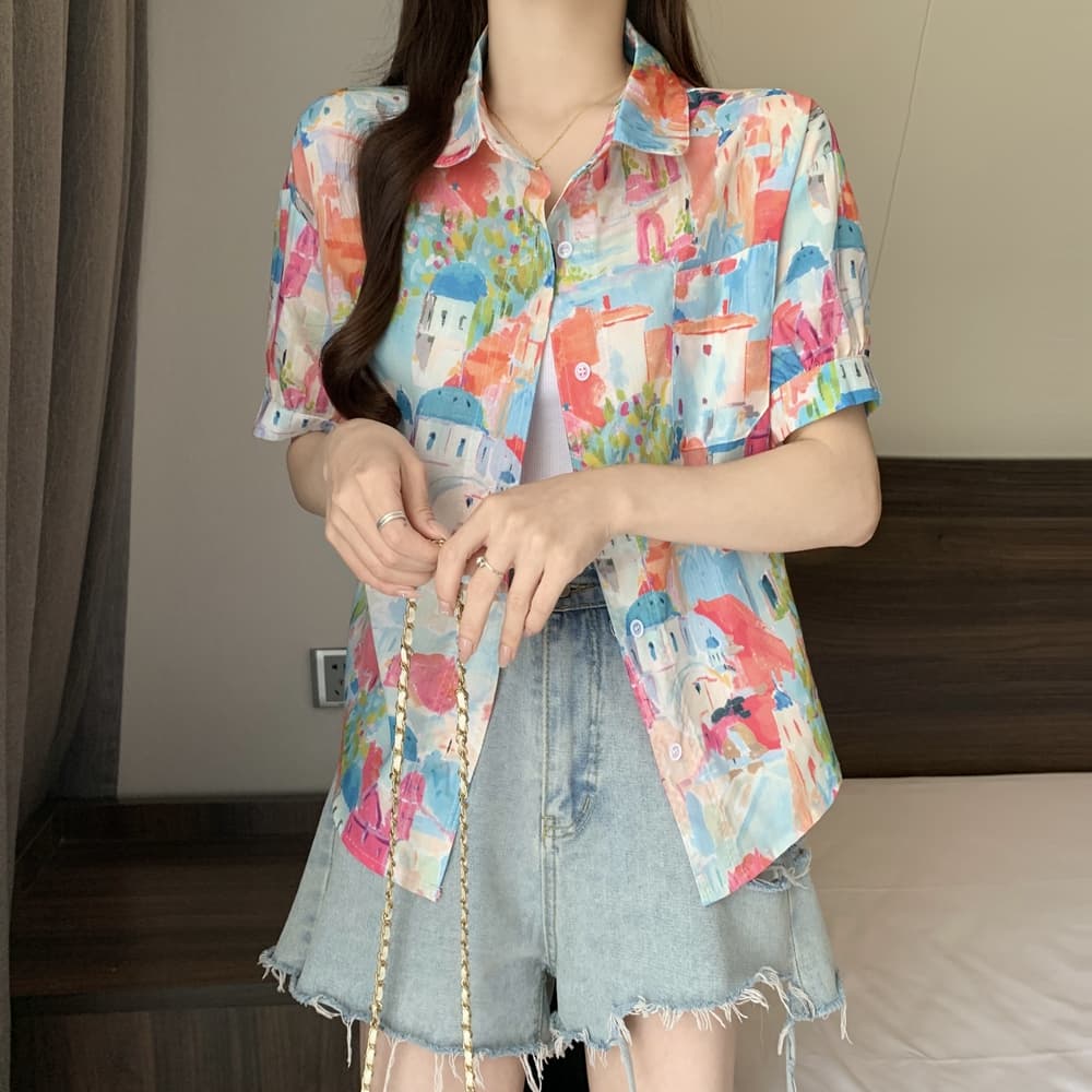 실사 여름 드레스 빅 사이즈 한국 스타일 재미있는 프린트 셔츠 루즈핏 캐주얼 폴로 칼라 어린애 같은 맨위 트렌디 m-4xl200 근 상세 이미지 11