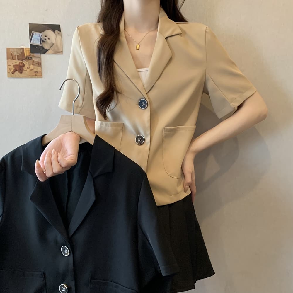 실사 한국 chic 폴로 칼라 세 버클 디자인 빅 사이즈 루즈핏 캐주얼 반팔 블레이저 m-4xl200 근 이미지 3