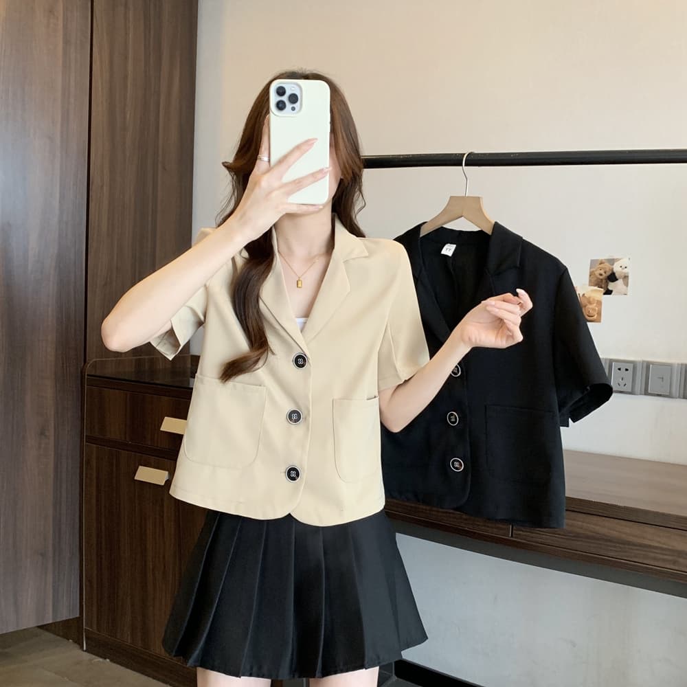 실사 한국 chic 폴로 칼라 세 버클 디자인 빅 사이즈 루즈핏 캐주얼 반팔 블레이저 m-4xl200 근 이미지 2