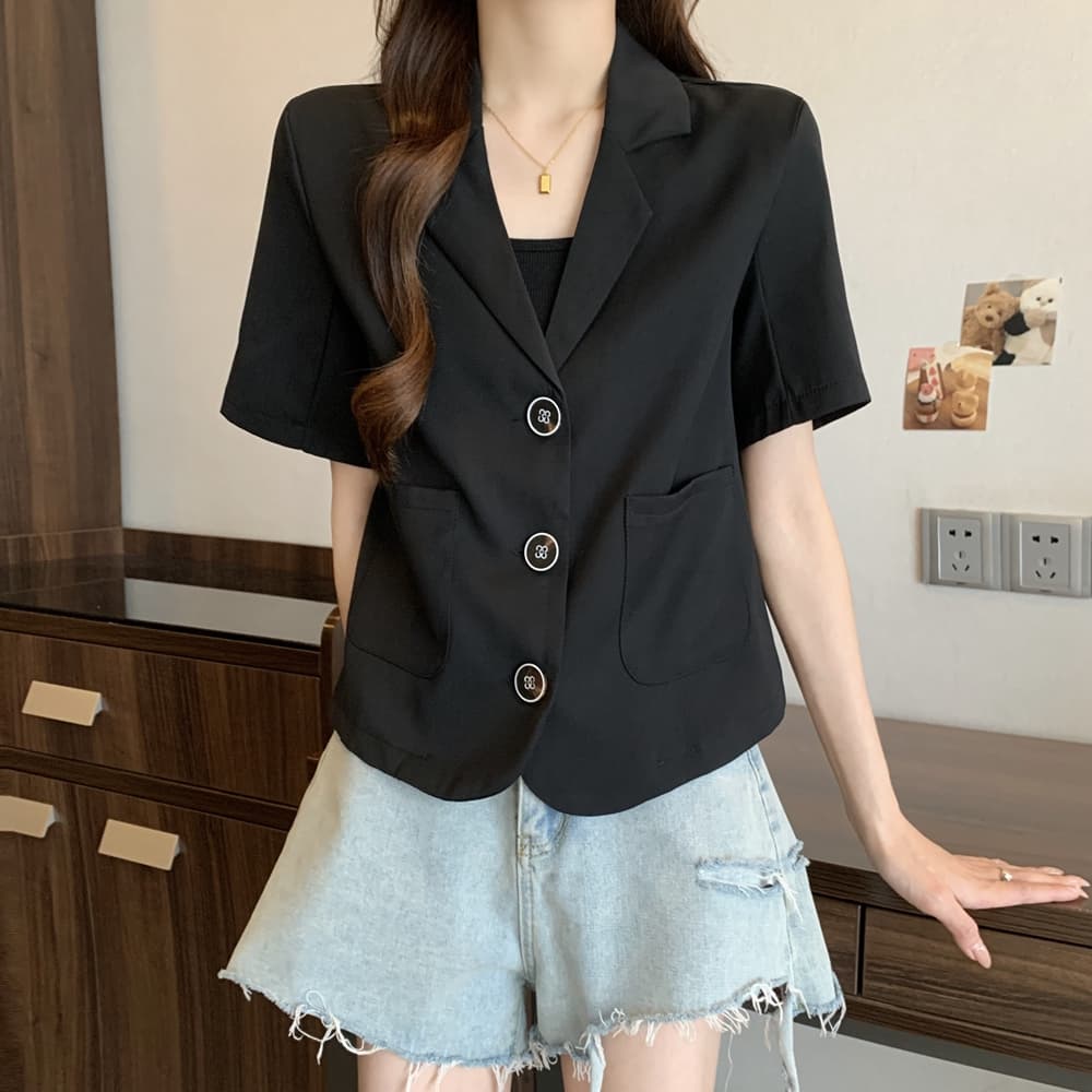 실사 한국 chic 폴로 칼라 세 버클 디자인 빅 사이즈 루즈핏 캐주얼 반팔 블레이저 m-4xl200 근 이미지 6