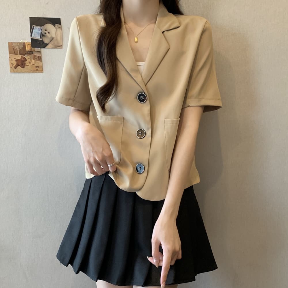 실사 한국 chic 폴로 칼라 세 버클 디자인 빅 사이즈 루즈핏 캐주얼 반팔 블레이저 m-4xl200 근 상세 이미지 4