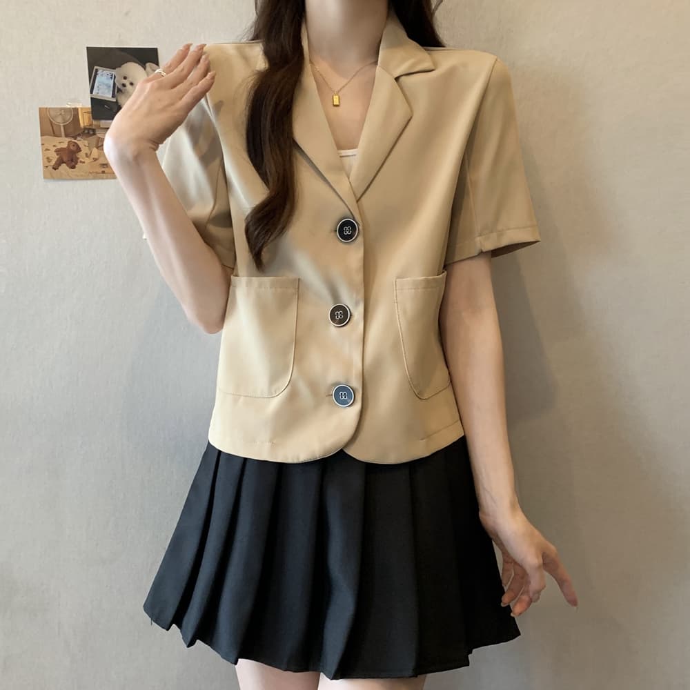 실사 한국 chic 폴로 칼라 세 버클 디자인 빅 사이즈 루즈핏 캐주얼 반팔 블레이저 m-4xl200 근 상세 이미지 5