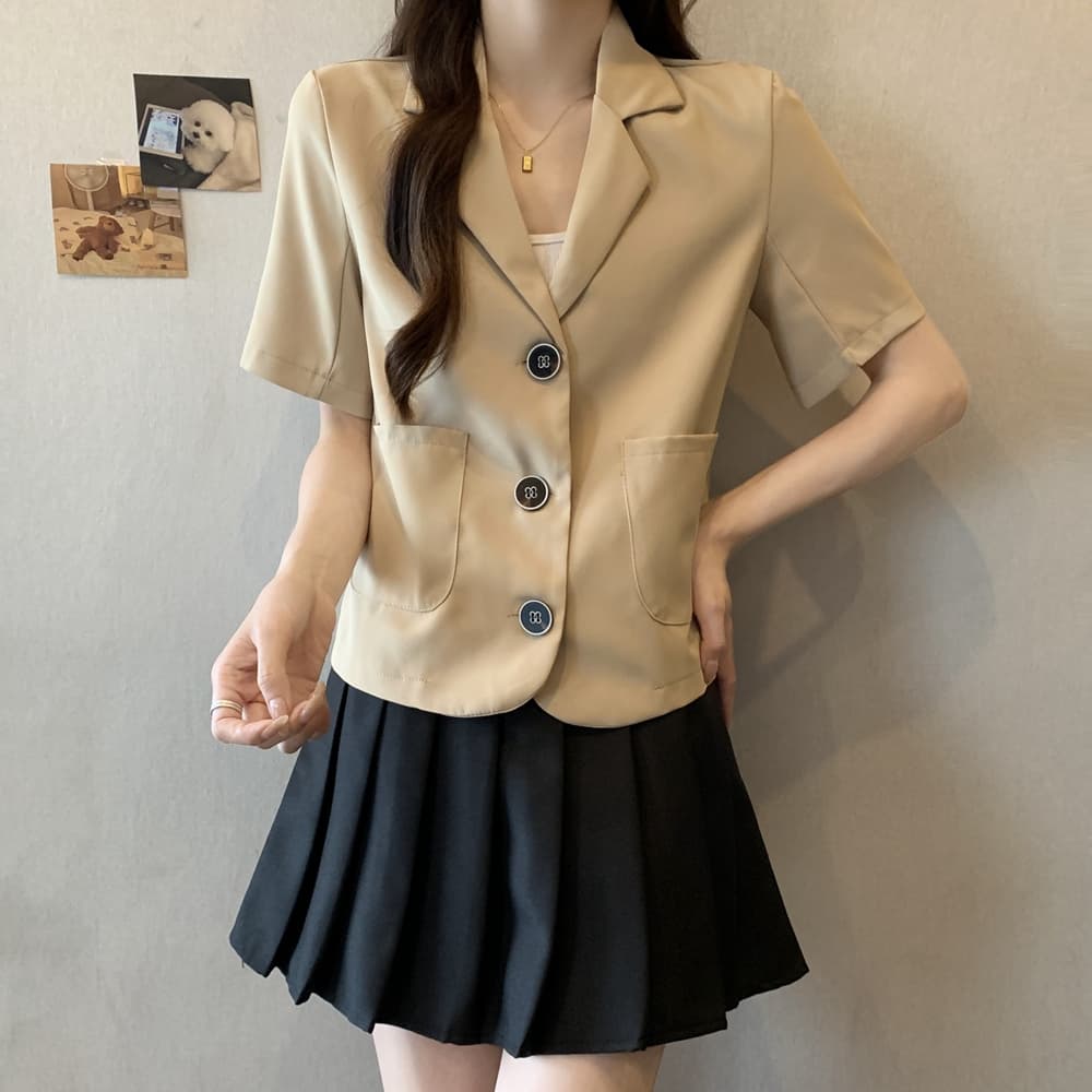 실사 한국 chic 폴로 칼라 세 버클 디자인 빅 사이즈 루즈핏 캐주얼 반팔 블레이저 m-4xl200 근 상세 이미지 6