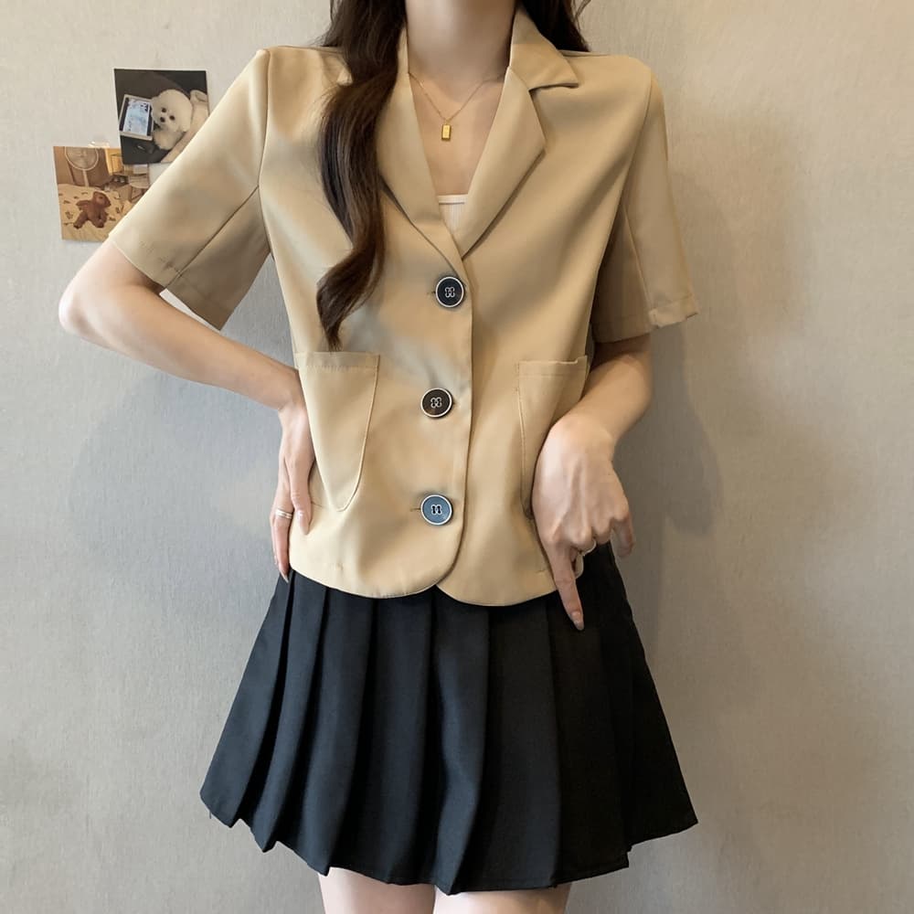 실사 한국 chic 폴로 칼라 세 버클 디자인 빅 사이즈 루즈핏 캐주얼 반팔 블레이저 m-4xl200 근 상세 이미지 7