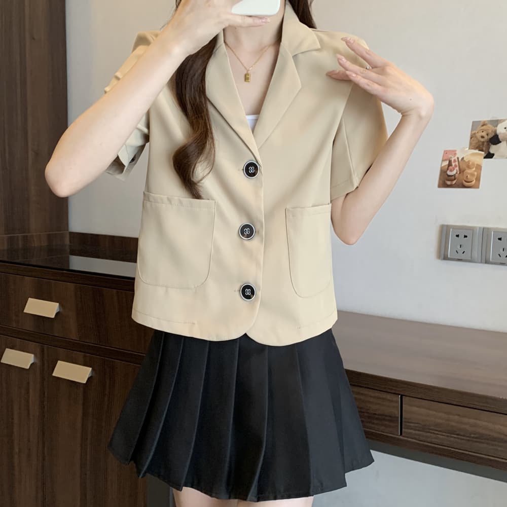실사 한국 chic 폴로 칼라 세 버클 디자인 빅 사이즈 루즈핏 캐주얼 반팔 블레이저 m-4xl200 근 상세 이미지 8