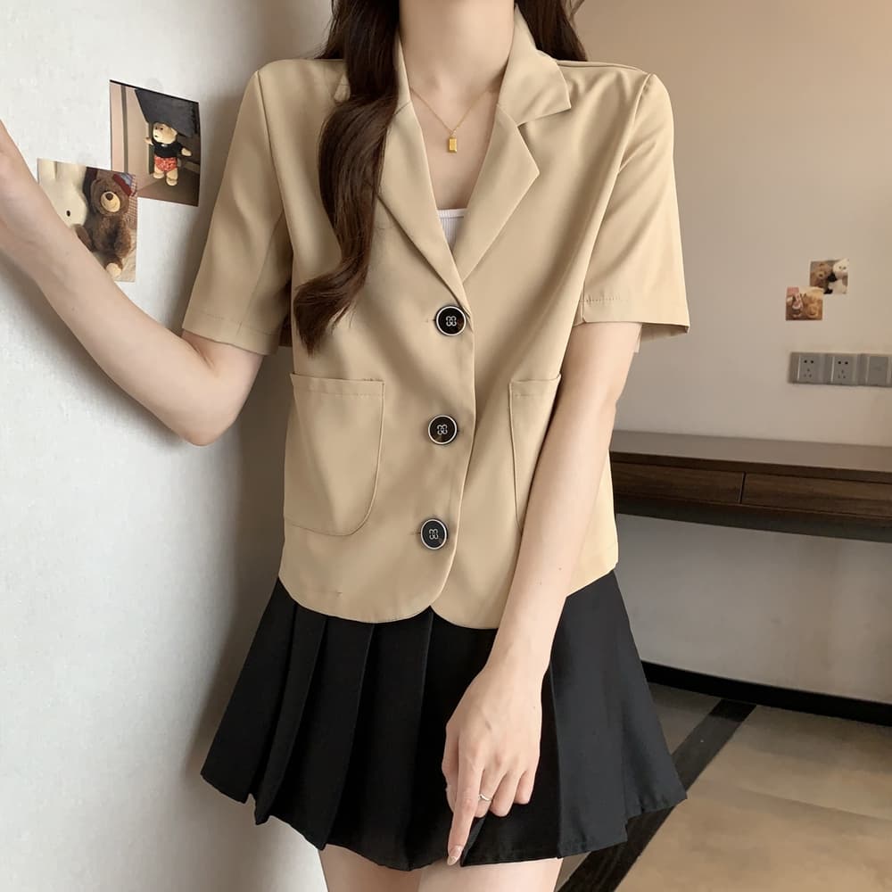 실사 한국 chic 폴로 칼라 세 버클 디자인 빅 사이즈 루즈핏 캐주얼 반팔 블레이저 m-4xl200 근 상세 이미지 10