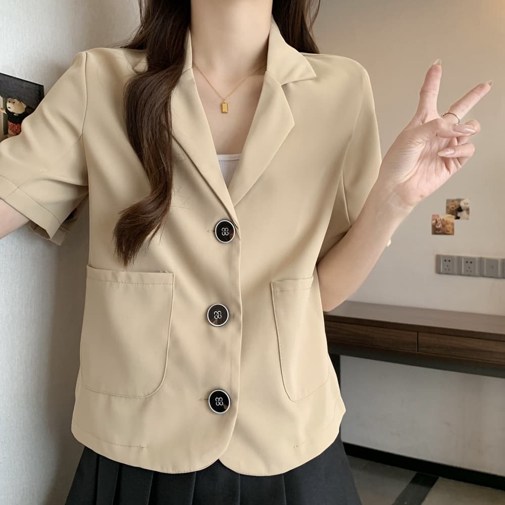 실사 한국 chic 폴로 칼라 세 버클 디자인 빅 사이즈 루즈핏 캐주얼 반팔 블레이저 m-4xl200 근 상세 이미지 12