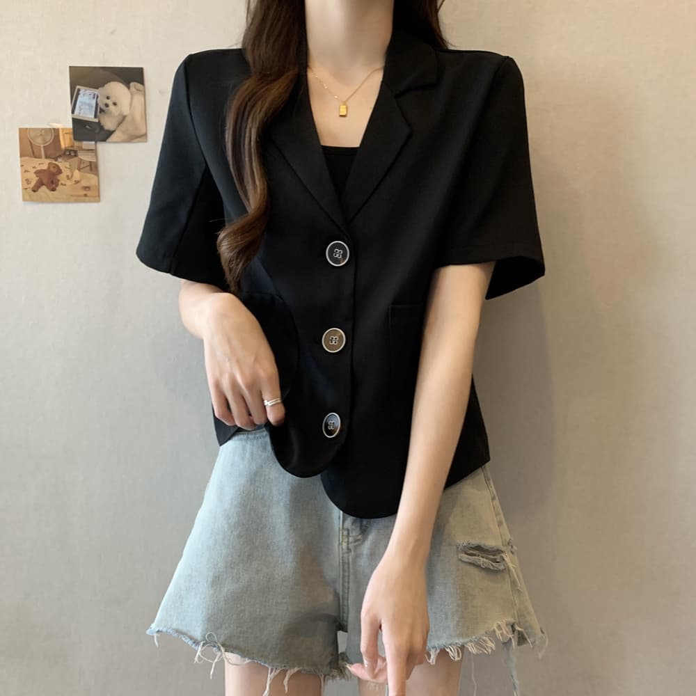 실사 한국 chic 폴로 칼라 세 버클 디자인 빅 사이즈 루즈핏 캐주얼 반팔 블레이저 m-4xl200 근 상세 이미지 13