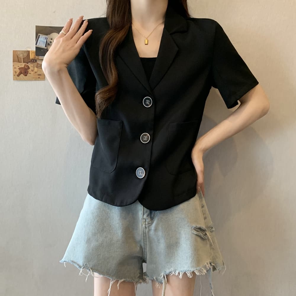 실사 한국 chic 폴로 칼라 세 버클 디자인 빅 사이즈 루즈핏 캐주얼 반팔 블레이저 m-4xl200 근 상세 이미지 14