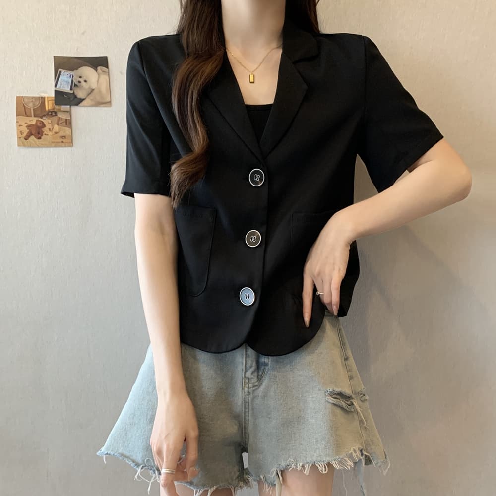 실사 한국 chic 폴로 칼라 세 버클 디자인 빅 사이즈 루즈핏 캐주얼 반팔 블레이저 m-4xl200 근 상세 이미지 15