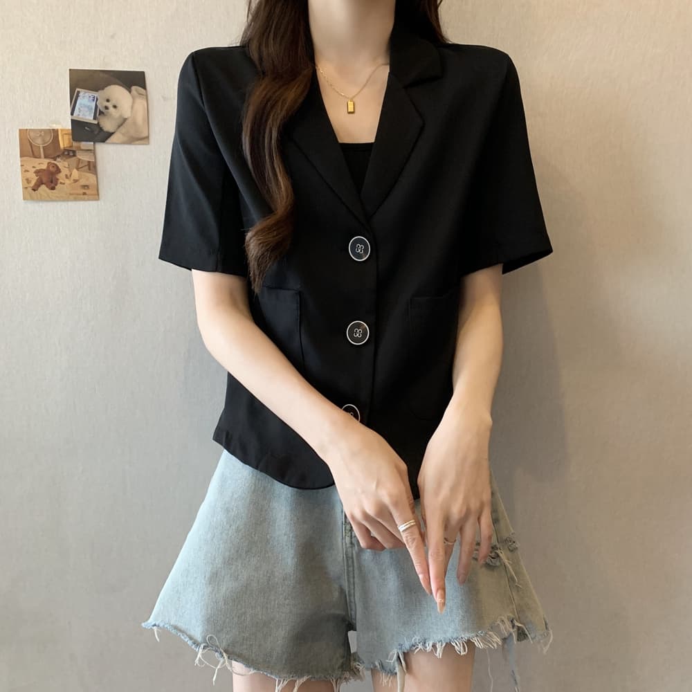 실사 한국 chic 폴로 칼라 세 버클 디자인 빅 사이즈 루즈핏 캐주얼 반팔 블레이저 m-4xl200 근 상세 이미지 16