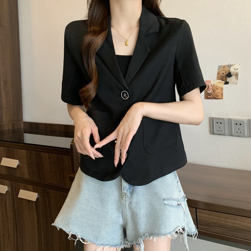 실사 한국 chic 폴로 칼라 세 버클 디자인 빅 사이즈 루즈핏 캐주얼 반팔 블레이저 m-4xl200 근 상세 이미지 18