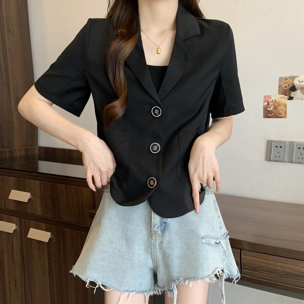 실사 한국 chic 폴로 칼라 세 버클 디자인 빅 사이즈 루즈핏 캐주얼 반팔 블레이저 m-4xl200 근 상세 이미지 19