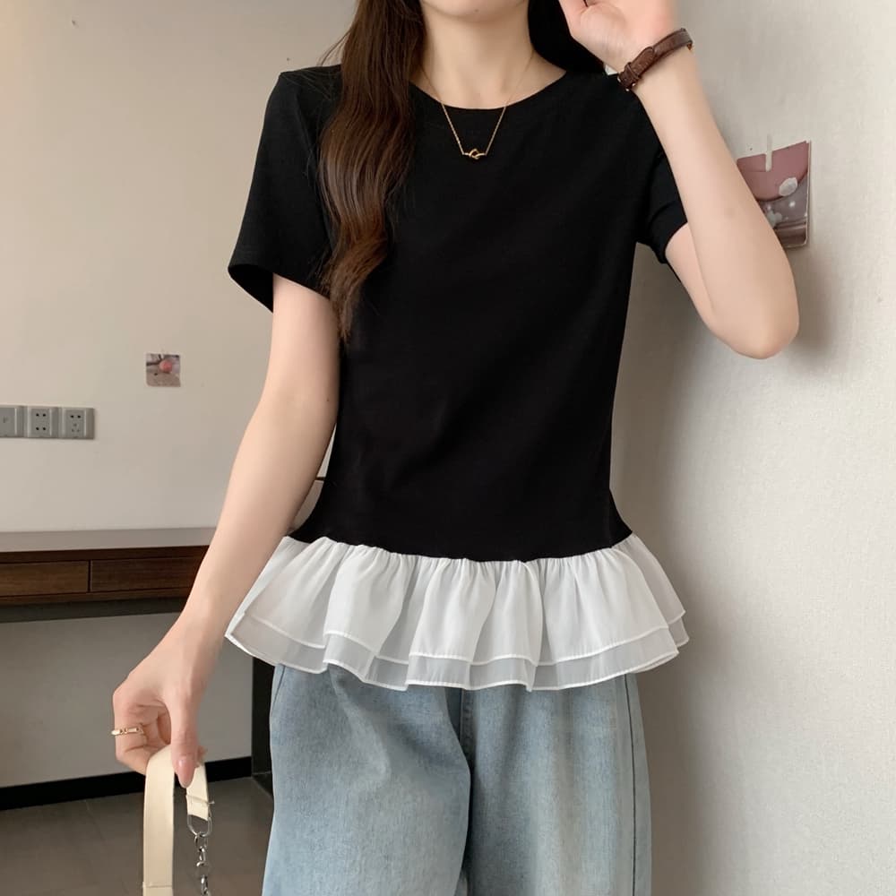 실사 여름 드레스 빅 사이즈 순면 퍼프 레이스 패치워크 반팔 티셔츠 몸매 가꾸기 맨위 m 4xl 200 kg 상세 이미지 12