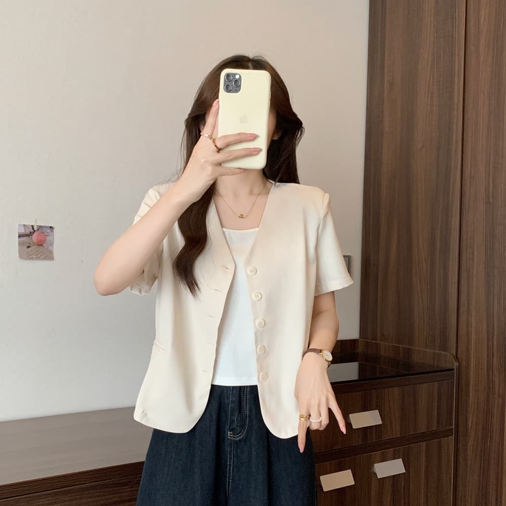 실사 여름 드레스 빅 사이즈 여성 의류 한국 스타일 chic 슬림해 보이는 V넥 싱글 줄 버튼 정장 맨위 m 4xl 200 kg 이미지 2