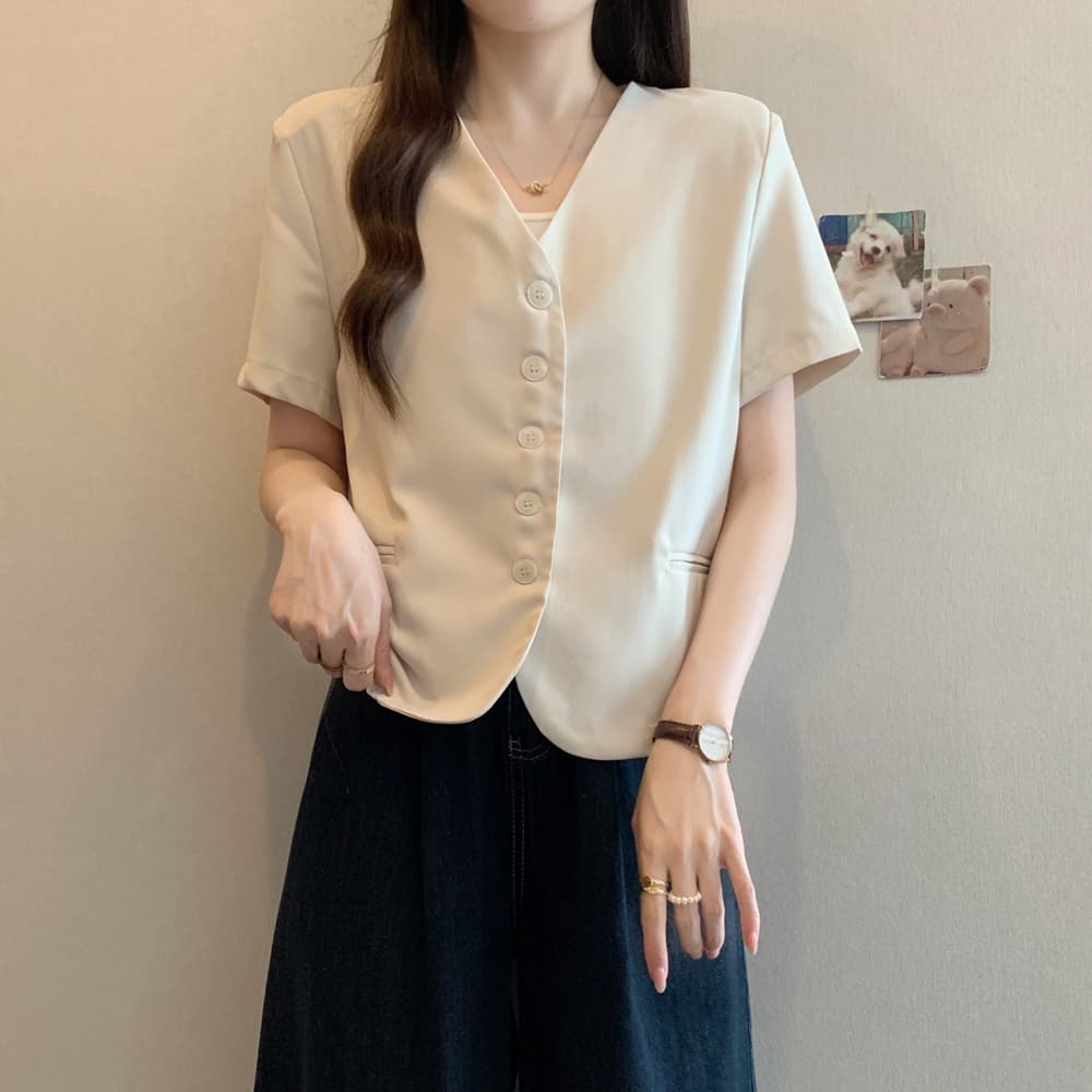 실사 여름 드레스 빅 사이즈 여성 의류 한국 스타일 chic 슬림해 보이는 V넥 싱글 줄 버튼 정장 맨위 m 4xl 200 kg 상세 이미지 3