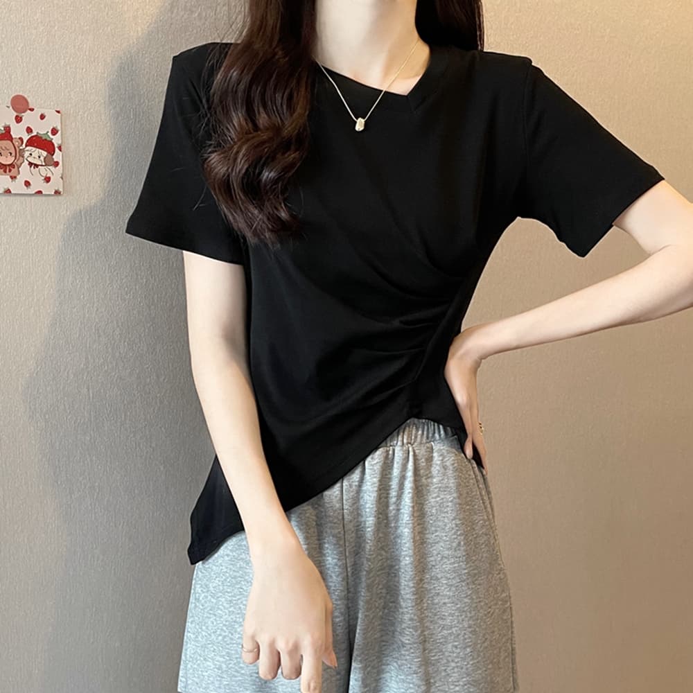 실사 원본 품질 테두리 빅 사이즈 여성 의류 지방 mm 검정색 불규칙 반팔 티셔츠 맨위 m-4xl200 근 상세 이미지 42