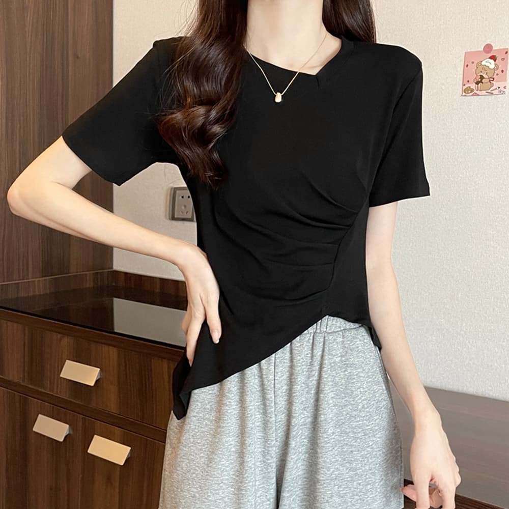 실사 원본 품질 테두리 빅 사이즈 여성 의류 지방 mm 검정색 불규칙 반팔 티셔츠 맨위 m-4xl200 근 상세 이미지 43