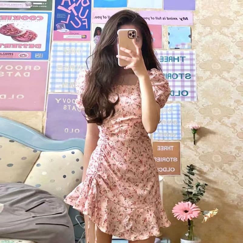 여름 드레스 빅 사이즈 여성 의류 꽃무늬 지방 mm 달콤한 미국 칼라 허리 수축 슬림해 보이는 요정 드레스 m 4xl 200 kg