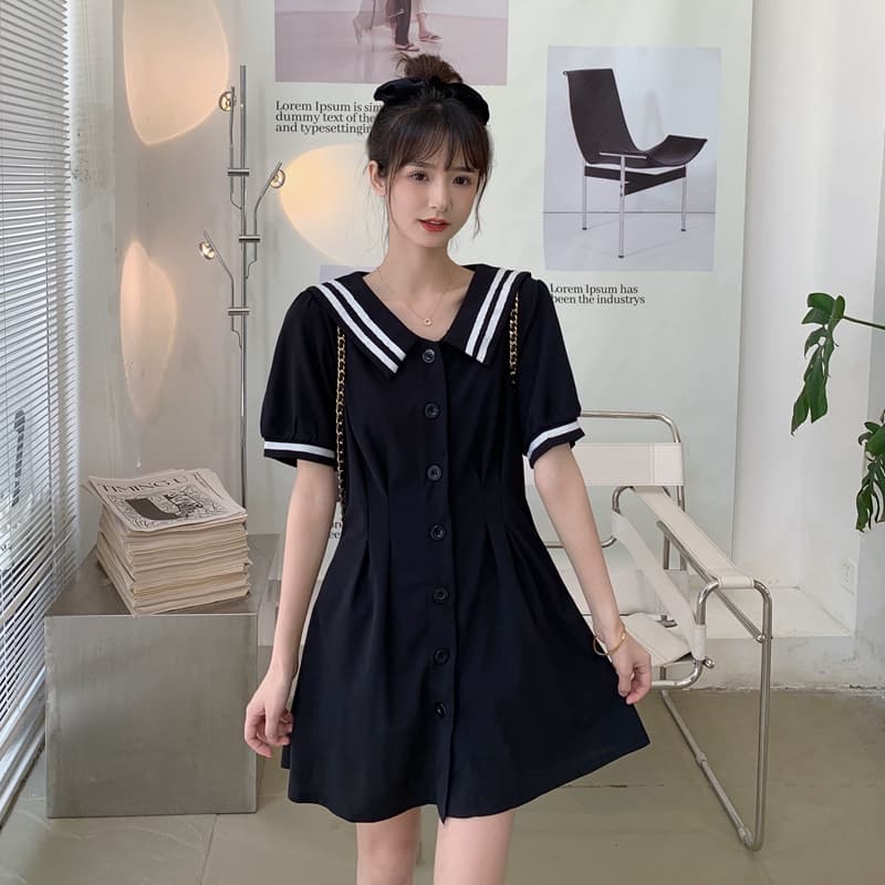 실사 거품 소매 작은 검은 드레스 빅 사이즈 해군 칼라 드레스 지방 mm 허리 수축 슬림해 보이는 A라인 스커트 m-4xl200 근 이미지 3