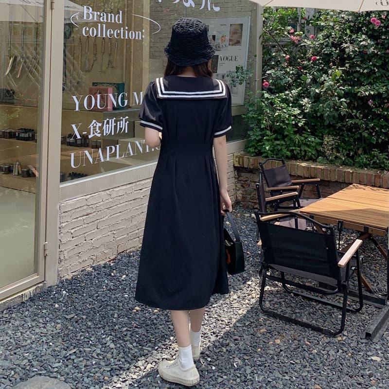 실사 거품 소매 작은 검은 드레스 빅 사이즈 해군 칼라 드레스 지방 mm 허리 수축 슬림해 보이는 A라인 스커트 m-4xl200 근 상세 이미지 22