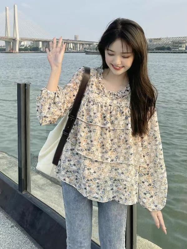 이른 가을 새로운 빅 사이즈 여성 의류 프랑스식 맨위 거품 소매 셔츠 베이비 칼라 셔츠 m-4xl200 근 이미지 2
