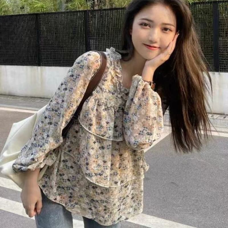 이른 가을 새로운 빅 사이즈 여성 의류 프랑스식 맨위 거품 소매 셔츠 베이비 칼라 셔츠 m-4xl200 근 이미지 5