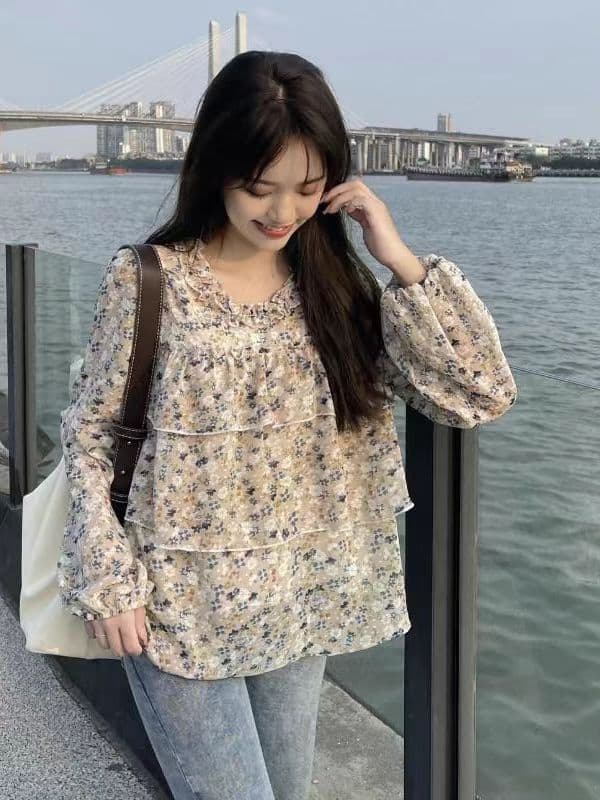 이른 가을 새로운 빅 사이즈 여성 의류 프랑스식 맨위 거품 소매 셔츠 베이비 칼라 셔츠 m-4xl200 근 상세 이미지 6