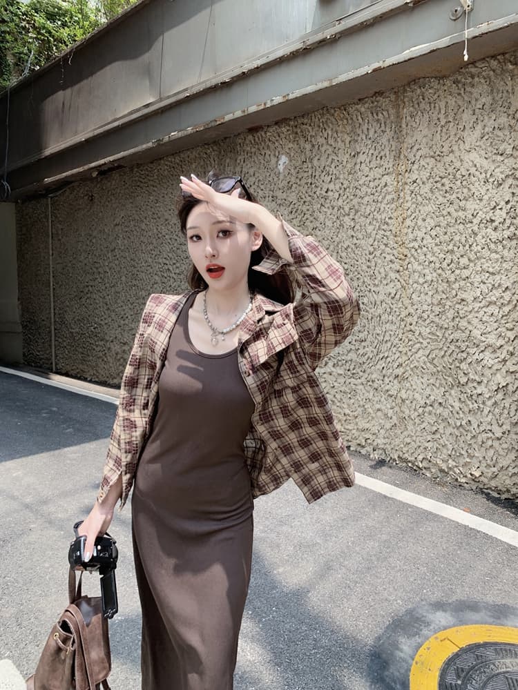 실사 여름 드레스 새로운 빅 사이즈 여성 의류 한국어 조끼 원피스 체크무늬 셔츠 세트 m-4xl200 근 상세 이미지 7
