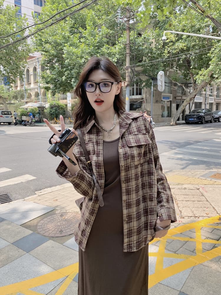 실사 여름 드레스 새로운 빅 사이즈 여성 의류 한국어 조끼 원피스 체크무늬 셔츠 세트 m-4xl200 근 상세 이미지 8