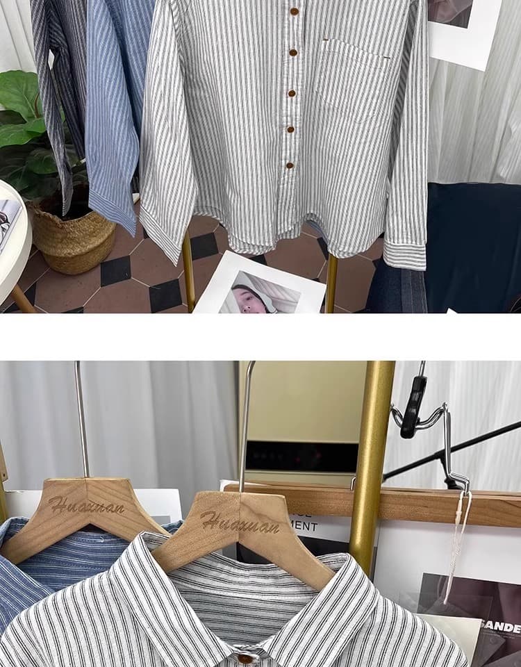 가을 의상 새로운 순면 패션 스트라이프 긴팔 셔츠 디자인 센스 루즈핏 외국 가스 맨위 캐주얼 외출용 셔츠 상세 이미지 7