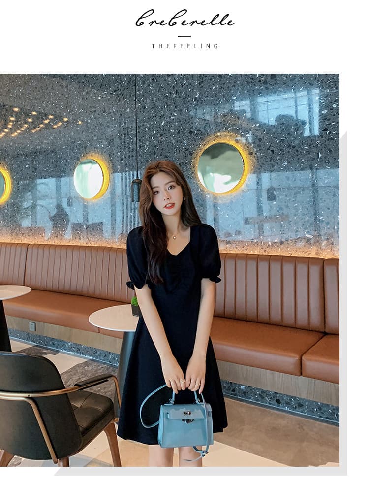 여름 빅 사이즈 지방 mm 드레스 수 있습니다. 달콤한 수 있습니다. 소금 치마 거품 소매 트임 작은 검은 드레스 상세 이미지 9