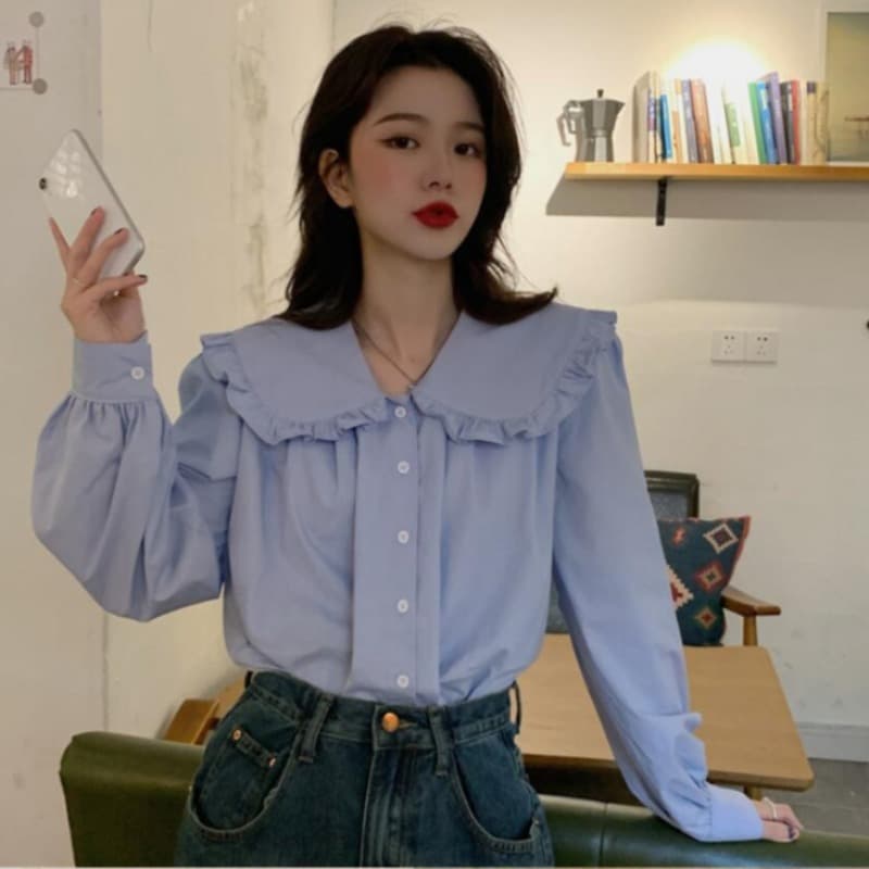 2026 이른 가을 새로운 빅 사이즈 여성 의류 한국어 품격 프릴 인형 폴로 칼라 긴팔 셔츠 이미지 3