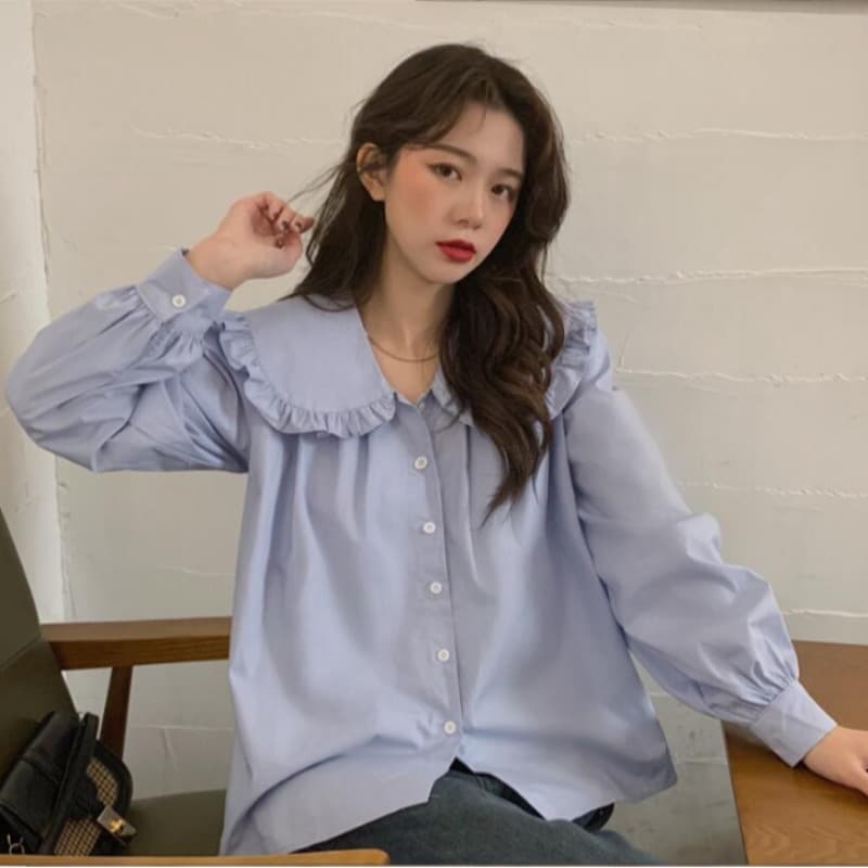 2026 이른 가을 새로운 빅 사이즈 여성 의류 한국어 품격 프릴 인형 폴로 칼라 긴팔 셔츠 이미지 5