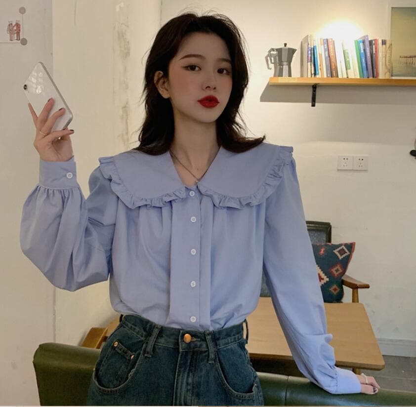 2026 이른 가을 새로운 빅 사이즈 여성 의류 한국어 품격 프릴 인형 폴로 칼라 긴팔 셔츠 상세 이미지 5