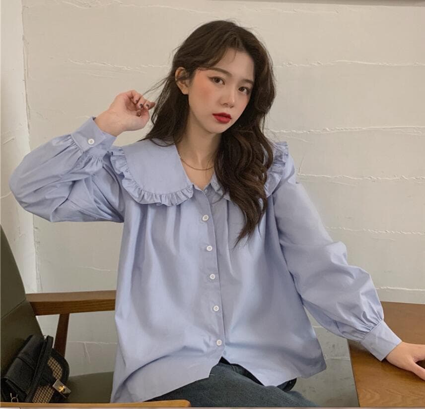 2026 이른 가을 새로운 빅 사이즈 여성 의류 한국어 품격 프릴 인형 폴로 칼라 긴팔 셔츠 상세 이미지 6