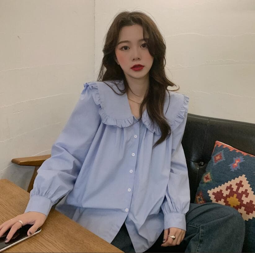 2026 이른 가을 새로운 빅 사이즈 여성 의류 한국어 품격 프릴 인형 폴로 칼라 긴팔 셔츠 상세 이미지 7