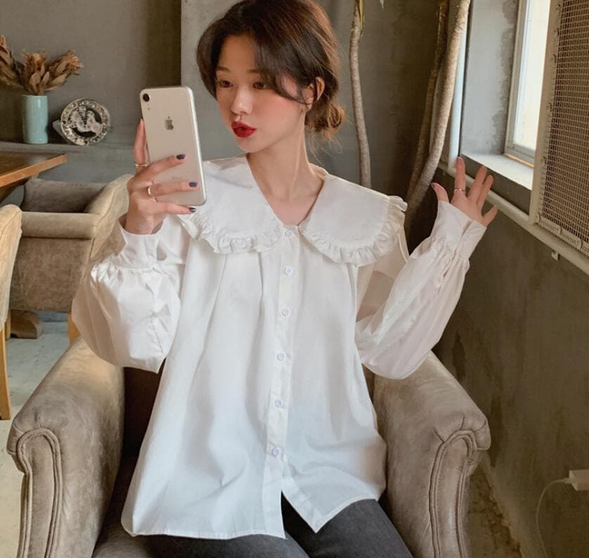 2026 이른 가을 새로운 빅 사이즈 여성 의류 한국어 품격 프릴 인형 폴로 칼라 긴팔 셔츠 상세 이미지 9