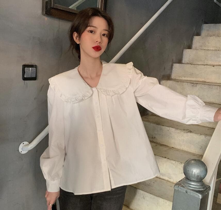 2026 이른 가을 새로운 빅 사이즈 여성 의류 한국어 품격 프릴 인형 폴로 칼라 긴팔 셔츠 상세 이미지 10