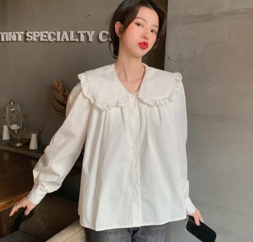 2026 이른 가을 새로운 빅 사이즈 여성 의류 한국어 품격 프릴 인형 폴로 칼라 긴팔 셔츠 상세 이미지 14
