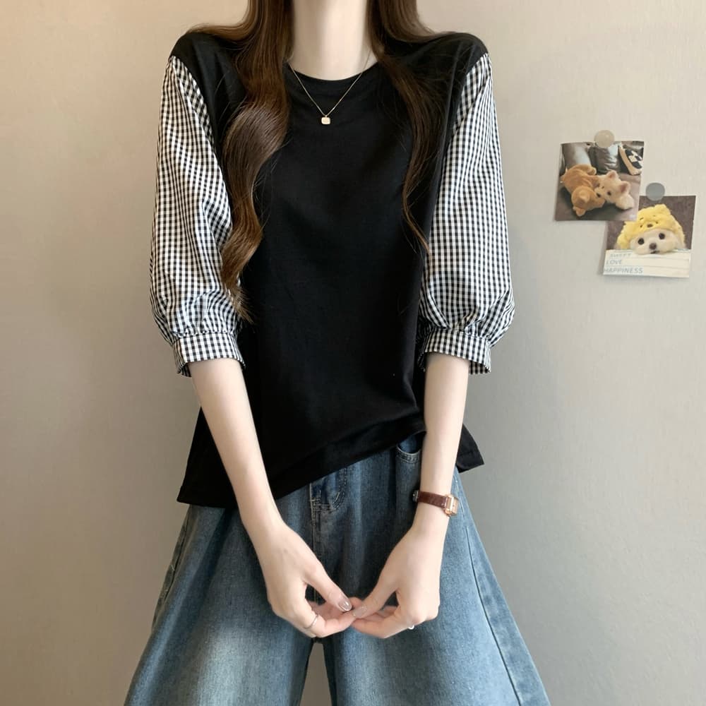 실사 여름 드레스 국경 간 일본과 한국 부서 티셔츠 셔츠 패치워크 색상 Chic 라운드 넥 루즈핏 레트로 디자인 센스 면 맨위 상세 이미지 6