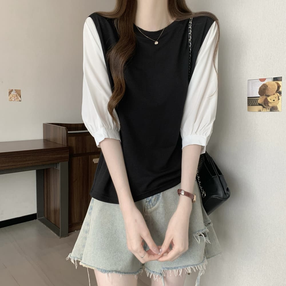 실사 여름 드레스 국경 간 일본과 한국 부서 티셔츠 셔츠 패치워크 색상 Chic 라운드 넥 루즈핏 레트로 디자인 센스 면 맨위 상세 이미지 13