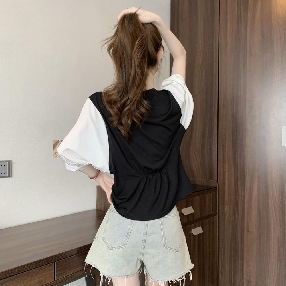 실사 여름 드레스 국경 간 일본과 한국 부서 티셔츠 셔츠 패치워크 색상 Chic 라운드 넥 루즈핏 레트로 디자인 센스 면 맨위 상세 이미지 18