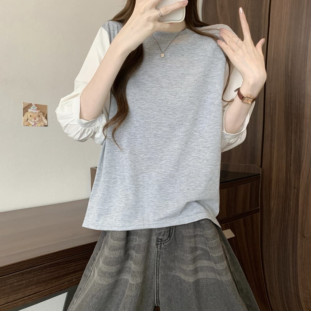 실사 여름 드레스 국경 간 일본과 한국 부서 티셔츠 셔츠 패치워크 색상 Chic 라운드 넥 루즈핏 레트로 디자인 센스 면 맨위 상세 이미지 26
