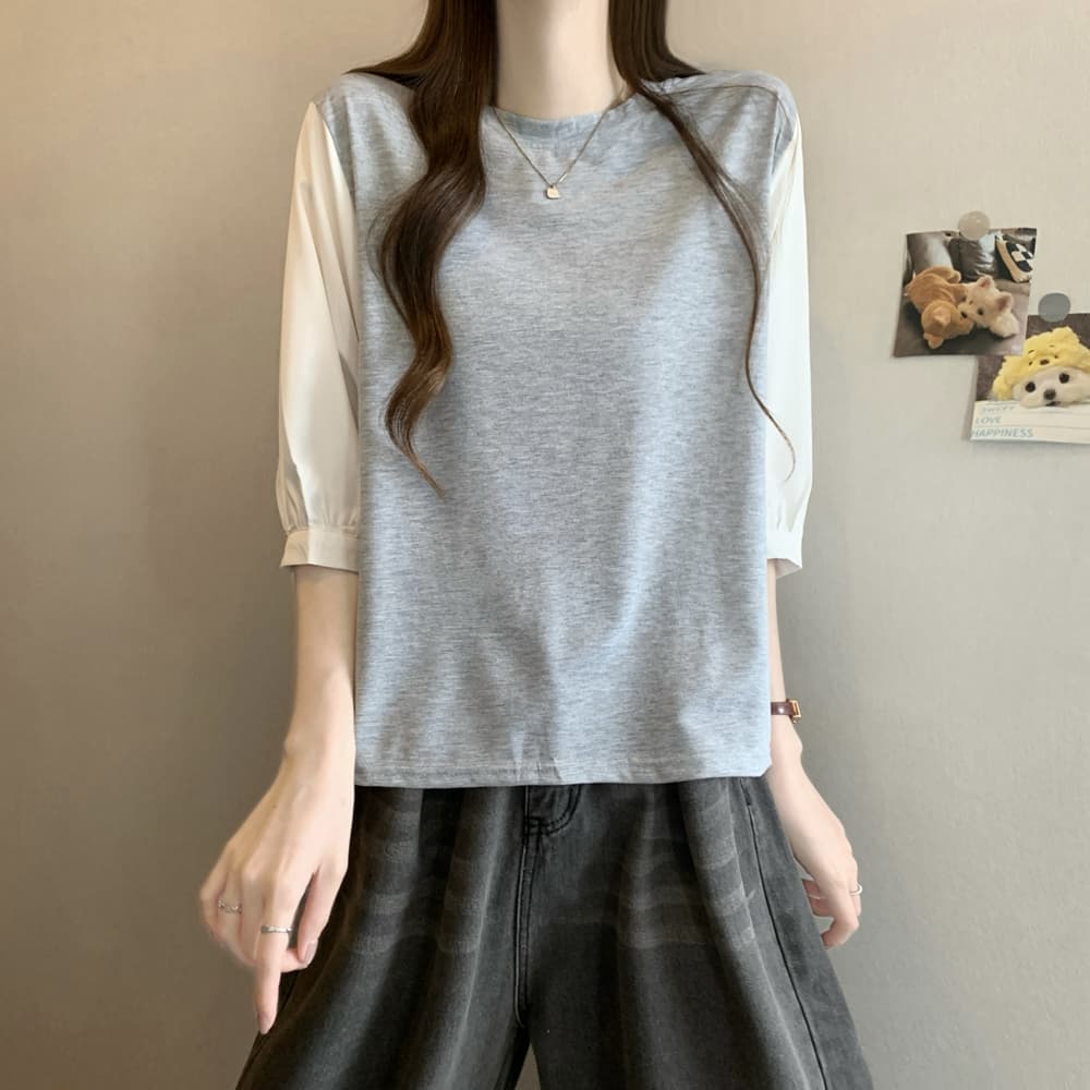 실사 여름 드레스 국경 간 일본과 한국 부서 티셔츠 셔츠 패치워크 색상 Chic 라운드 넥 루즈핏 레트로 디자인 센스 면 맨위 상세 이미지 30
