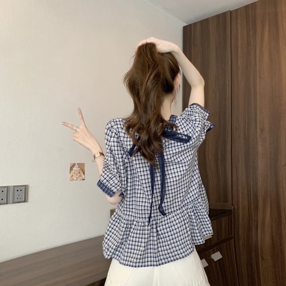 실사 여름 드레스 일본과 한국 빛 럭셔리 연령 감소 라운드 넥 반팔 인형 셔츠 레트로 격자 무늬 셔츠 슈퍼 잘 생긴 치마 작은 셔츠 이미지 5