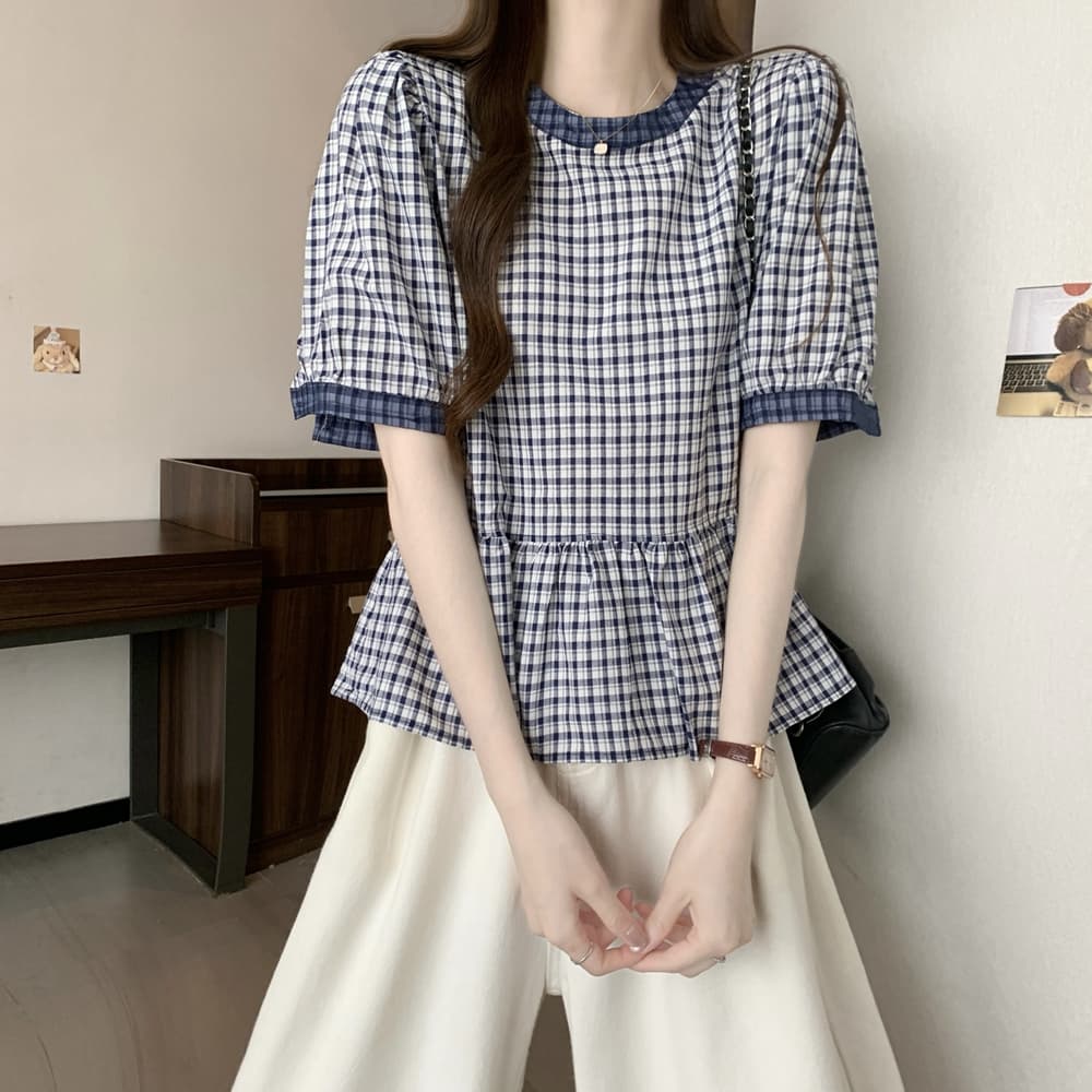 실사 여름 드레스 일본과 한국 빛 럭셔리 연령 감소 라운드 넥 반팔 인형 셔츠 레트로 격자 무늬 셔츠 슈퍼 잘 생긴 치마 작은 셔츠 이미지 2