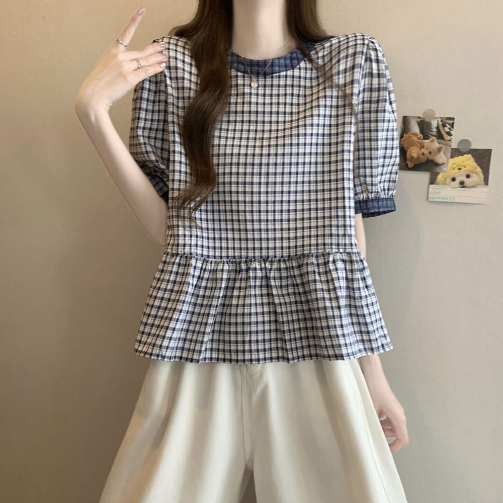 실사 여름 드레스 일본과 한국 빛 럭셔리 연령 감소 라운드 넥 반팔 인형 셔츠 레트로 격자 무늬 셔츠 슈퍼 잘 생긴 치마 작은 셔츠 상세 이미지 4
